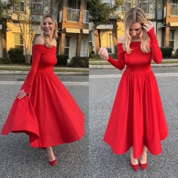 Alice + Olivia Chara Flared Midi Dress Off the Shoulder Bright Ruby Red 4 - Picture 3 of 16